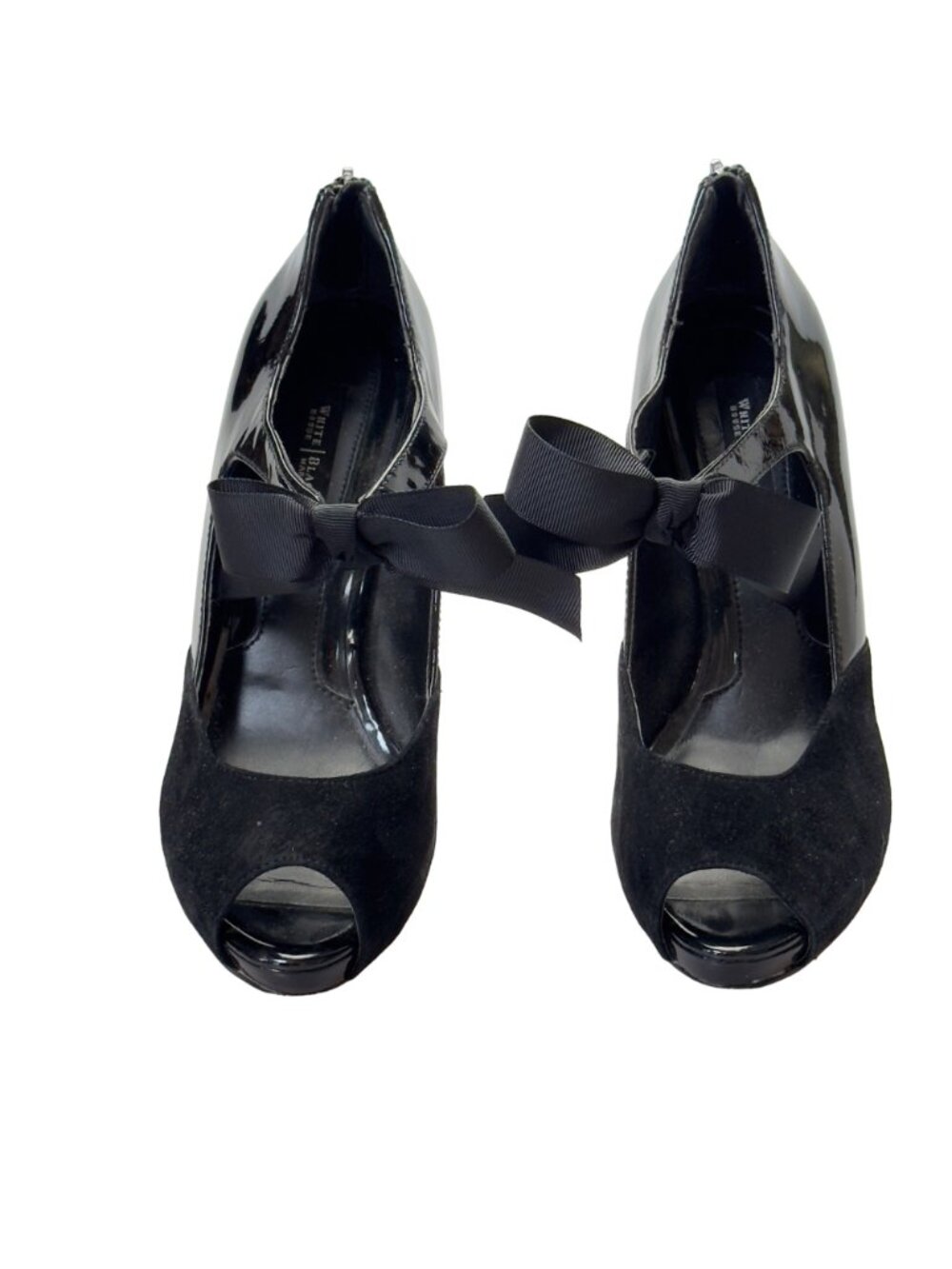 WHITE HOUSE BLACK MARKET Raegan Womens Shoes Black Patent Leather Suede Heels Si - Picture 2 of 12